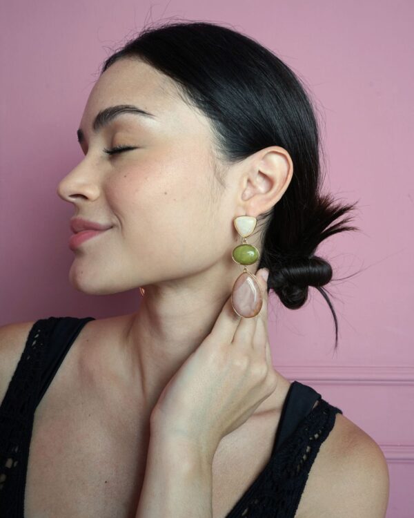 Pendientes Abalorios Colgantes Rosa, Verde y Beige