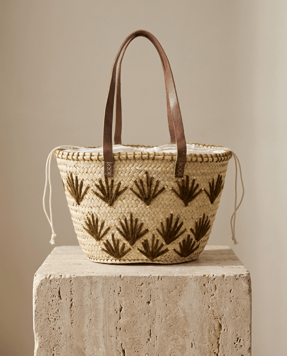 Capazo de Playa Hoja de Palma con Bordados y Lentejuelas