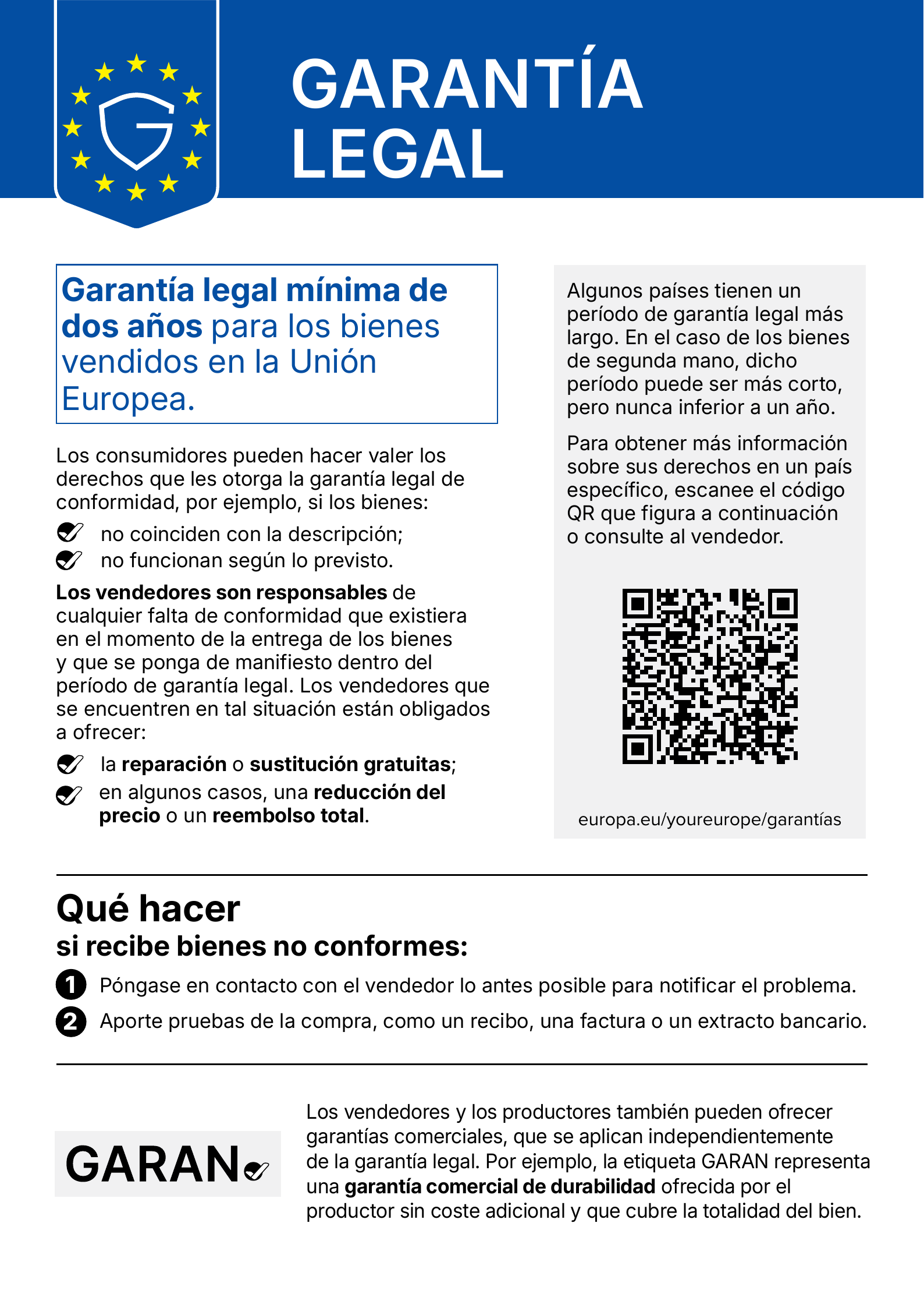 Aviso armonizado sobre la garantía legal de conformidad
